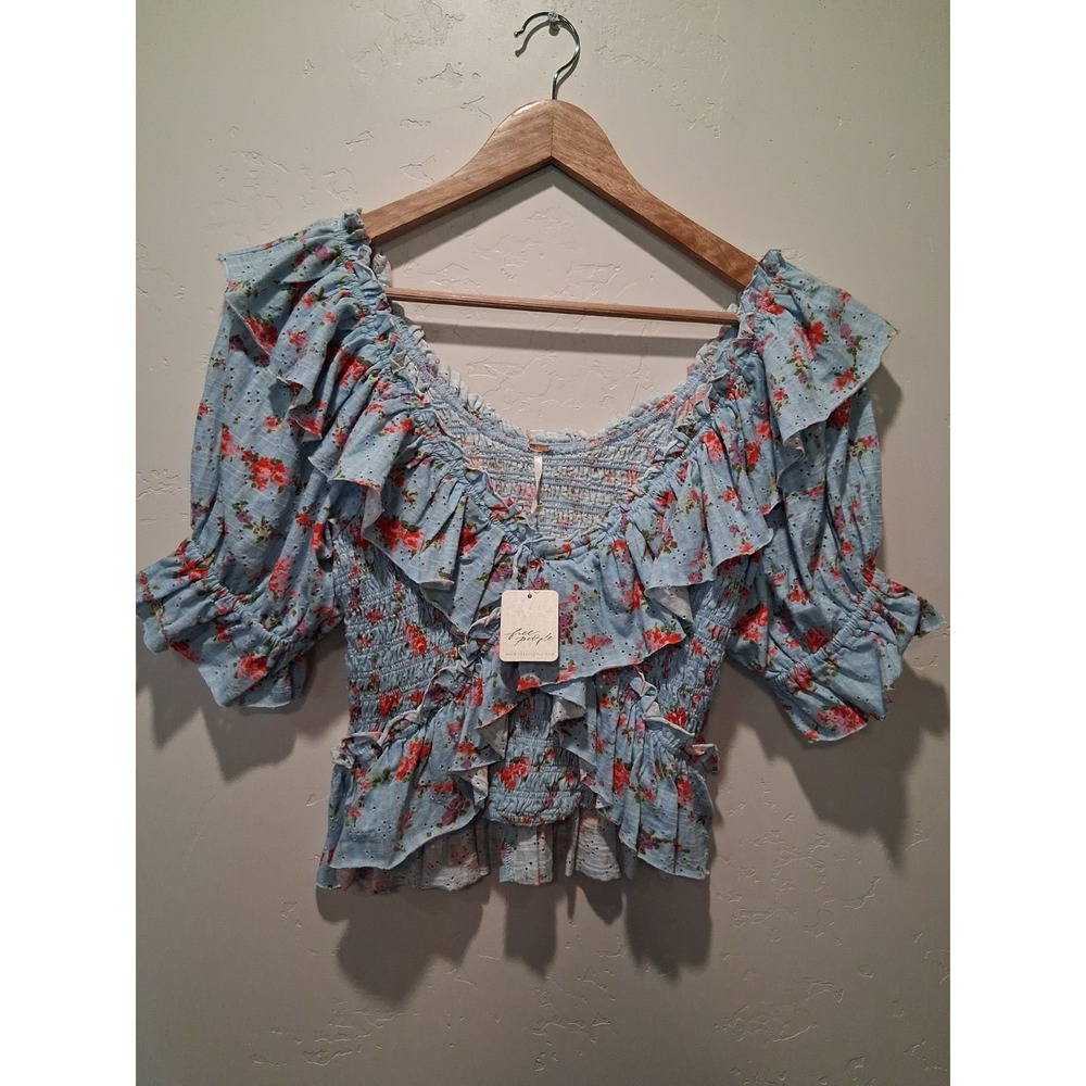 NWT Free People XS Favorite Girl Floral Cross Front Ruffle Smocked Crop Top